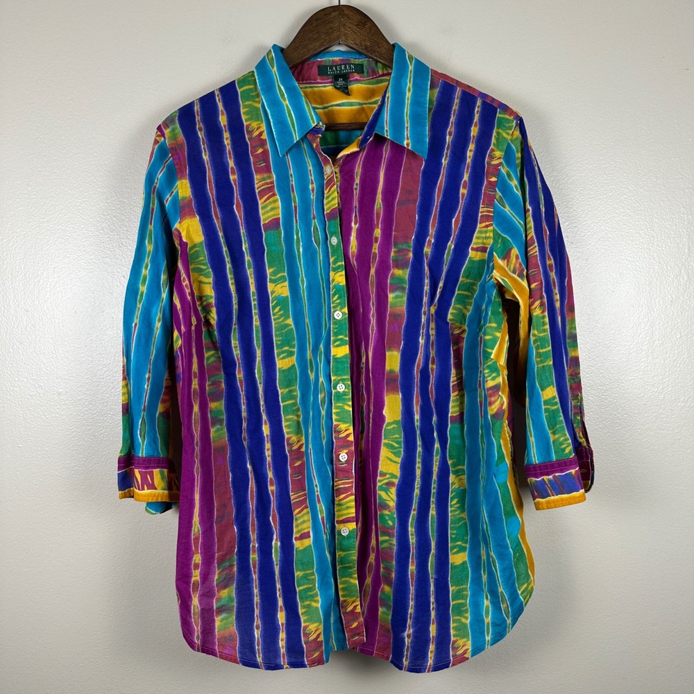 Lauren Ralph Lauren Women's 2X Button Down Shirt Multicolor Tie Dye Stripe